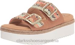 Clarks mujer Sandalia tipo chancla Lana Beach para mujer, piel color canela natural, textil combi clarks BPDZ202806 Combinación textil de cuero marrón natural.
